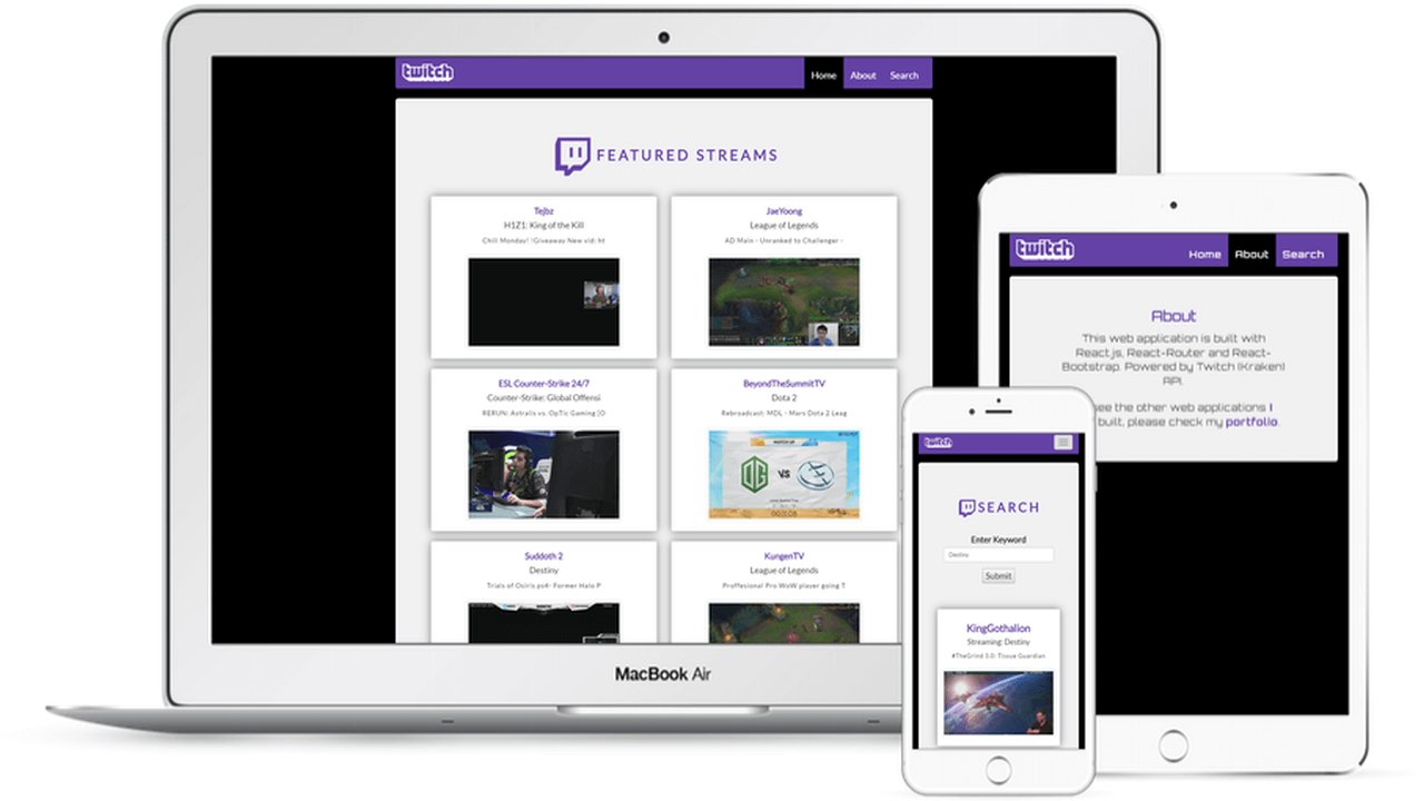 Twitch clone web application shown using responsive design in various electronic devices like laptop and tablets