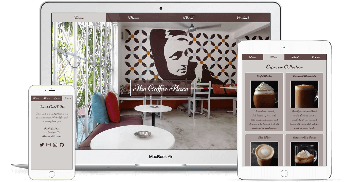 The Coffee Place website shown using responsive design in various electronic devices like laptop and tablets